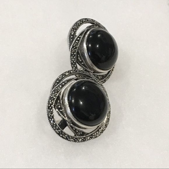 JUDITH JACK Onyx Marcasite Silver Vintage Studs - Picture 8 of 9